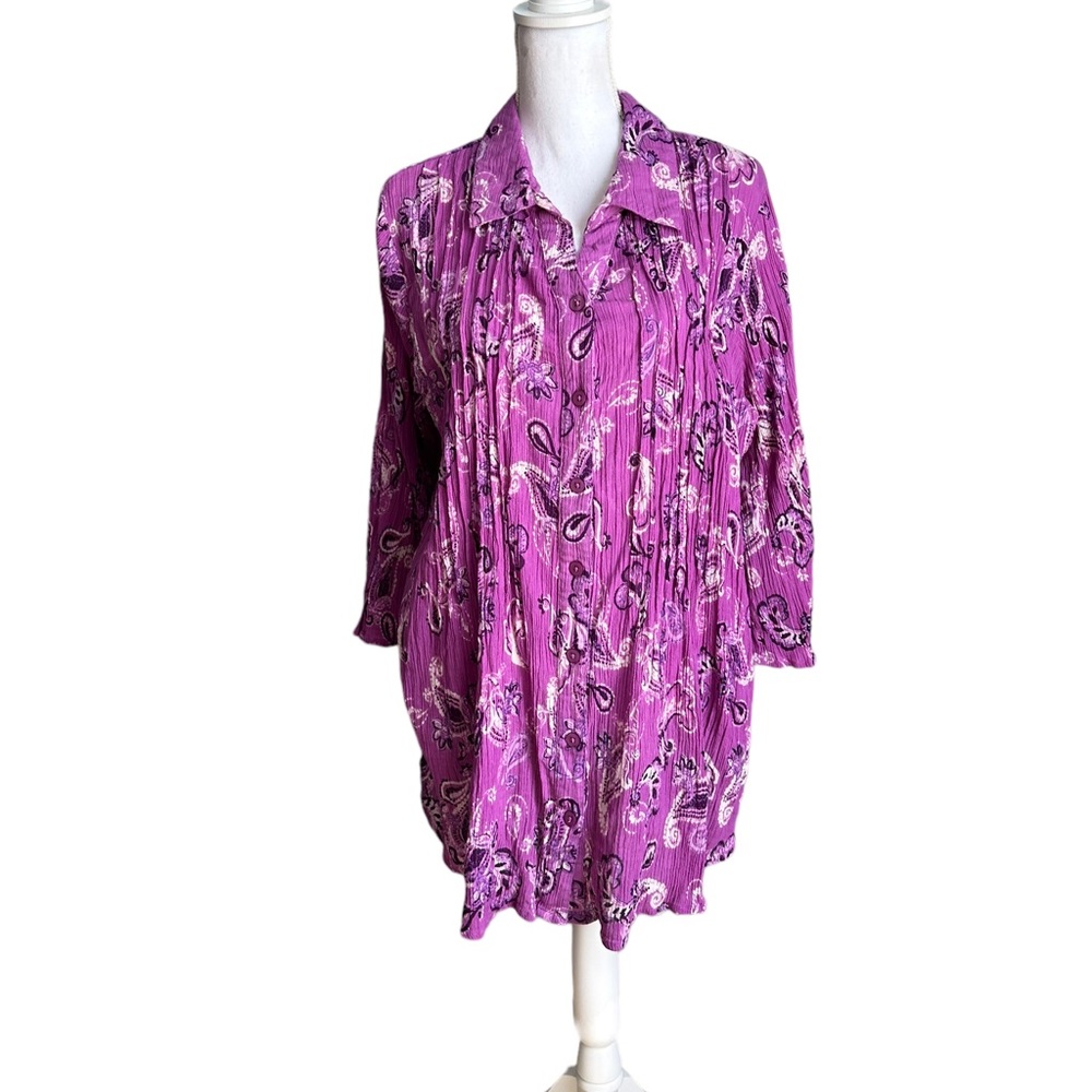 Woman Within Cotton Pintucked Button Down Collared Gauze Top Size 22-24 1X